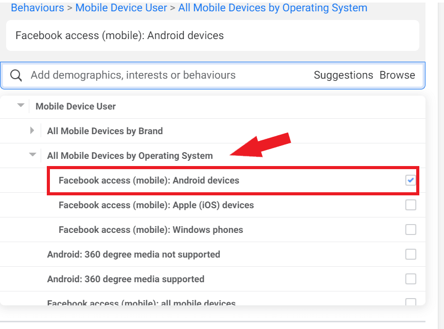 Target Audience on Facebook - android device operating system option