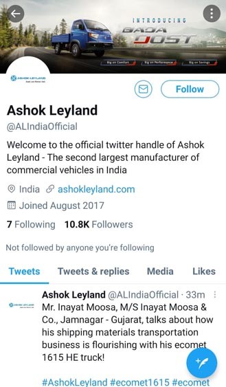Marketing Strategy of Ashok Leyland - A Case Study - Social Media - Twitter