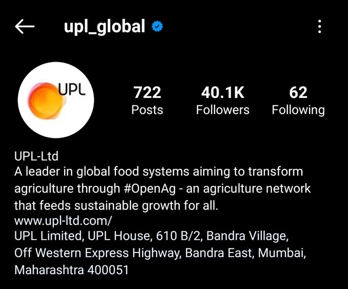 Marketing Strategy of UPL - A Case Study - Social Media Presence - Instagram