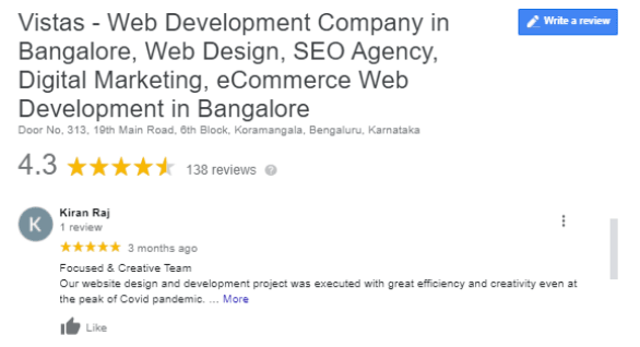 SEO Agencies in Bangalore - Vistas Client Review