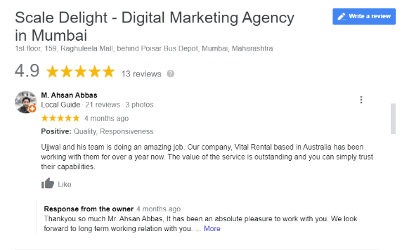 SEO Agencies in Mumbai - Scale Delight Client Review