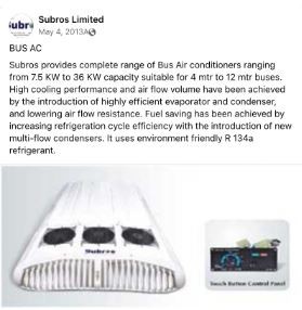 Marketing Strategy of Subros - Subros Limited Facebook post detailing Subros Bus air conditioners’ product features.