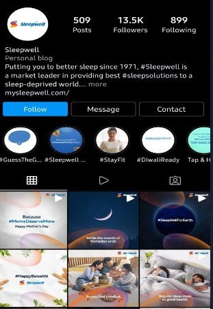 Marketing Strategy of Sheela Foam- the Instagram presence of Sleepwell