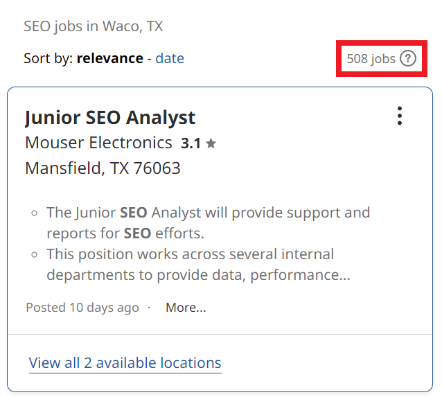 SEO Courses in Waco - Job Statistics
