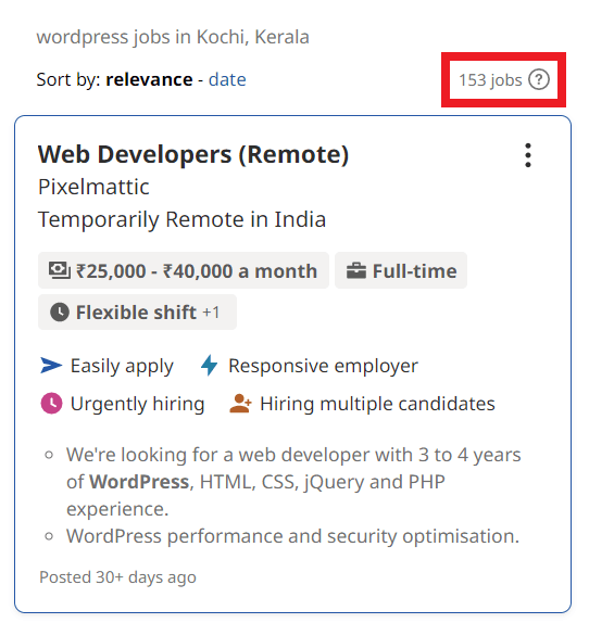 WordPress Courses in Kochi - Job Statistics