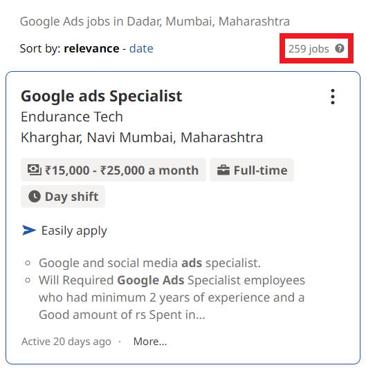 Google Ads Courses in Dadar - Job Statistics