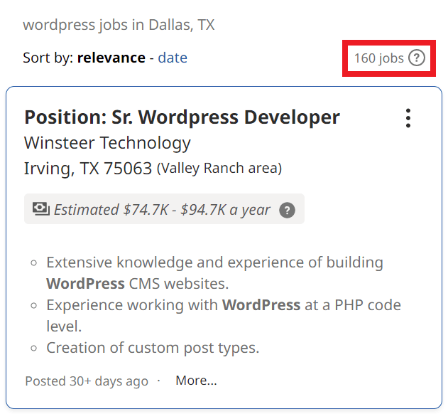 WordPress Courses in Dallas - Job Statistics