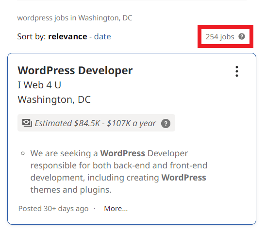 WordPress Courses in Washington - Job Statistics